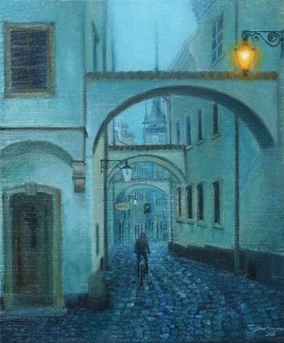 Olomouc, Nocturno ve Školní uličce, olej na plátně, 60 x 80 cm