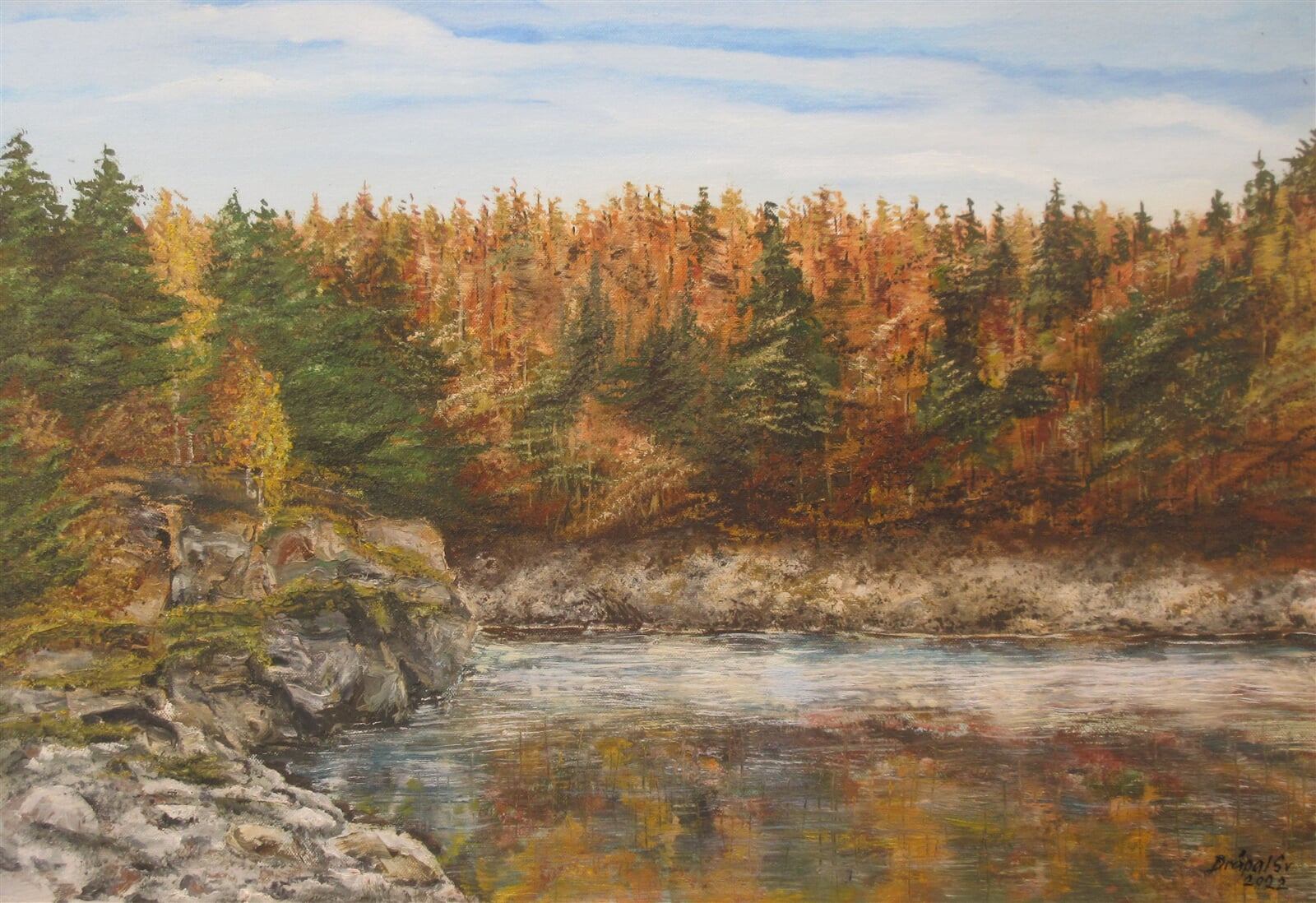 Svatopluk Drápal: Dalešická přehrada, podzimní, 50 × 70 cm
