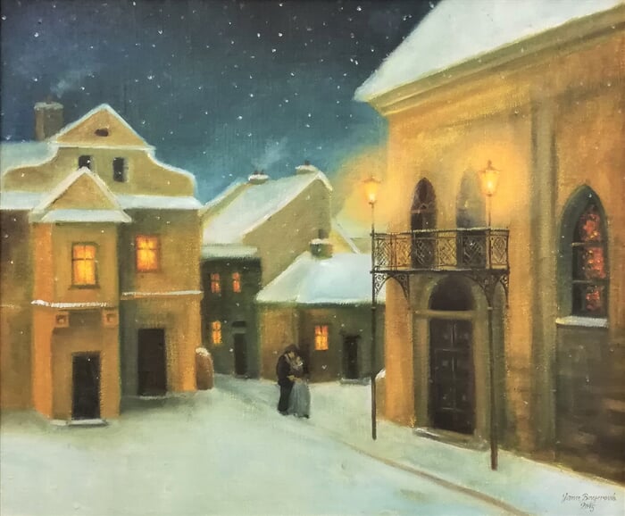 Zimní večer u boskovické synagogy. olej na plátně, 55 x 65 cm