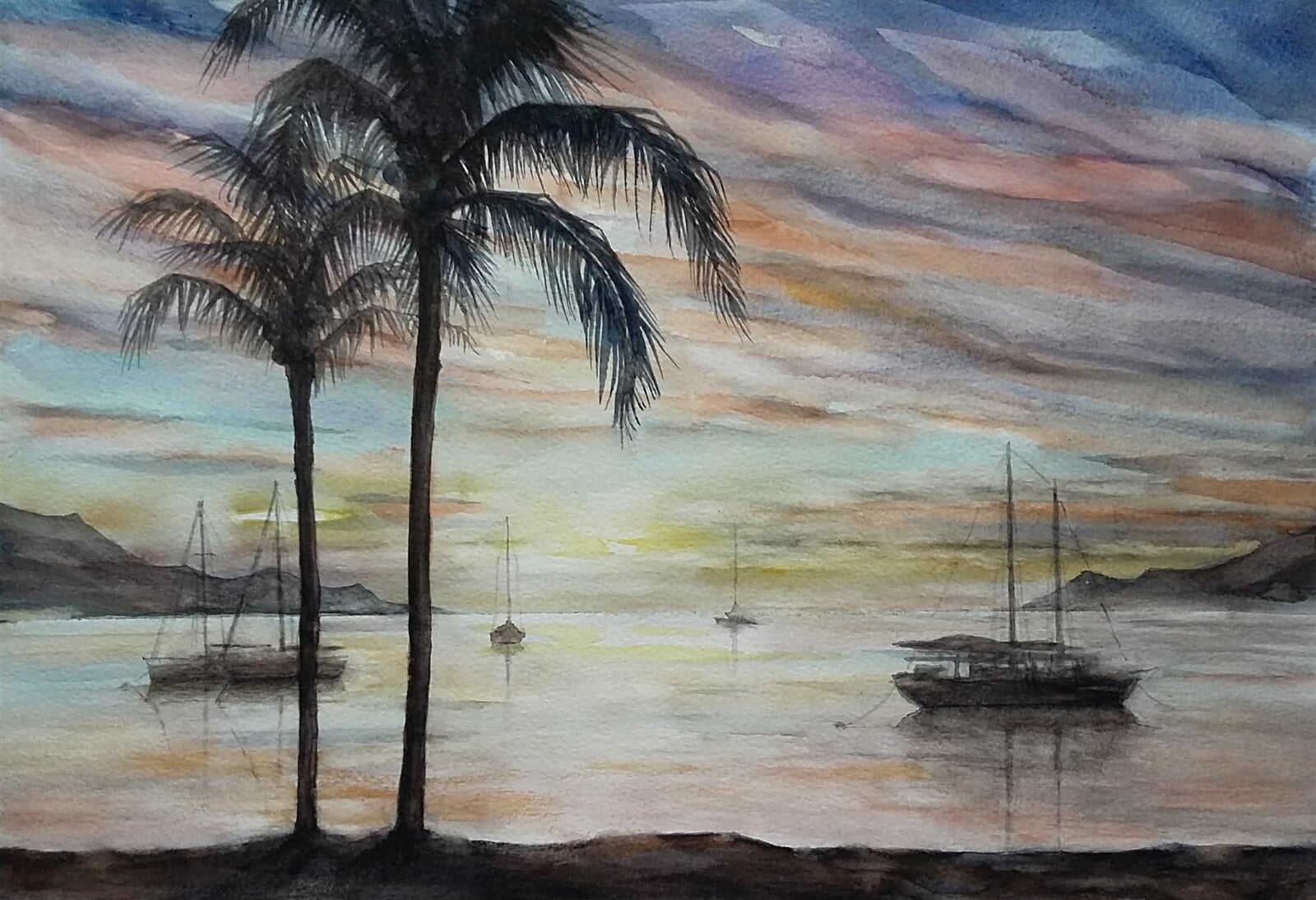 Jiří Koptík : Večer v Port Elizabeth na ostrově Bequia, Svatý Vincenc a Grenadiny, 30 × 40 cm