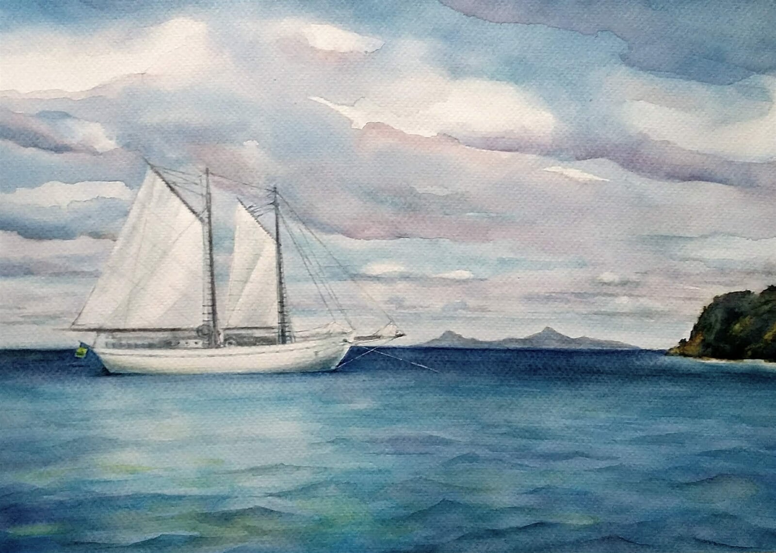 Jiří Koptík : Plachetnice u Tobago Cays, Svatý Vincenc a Grenadiny, 30 × 40 cm