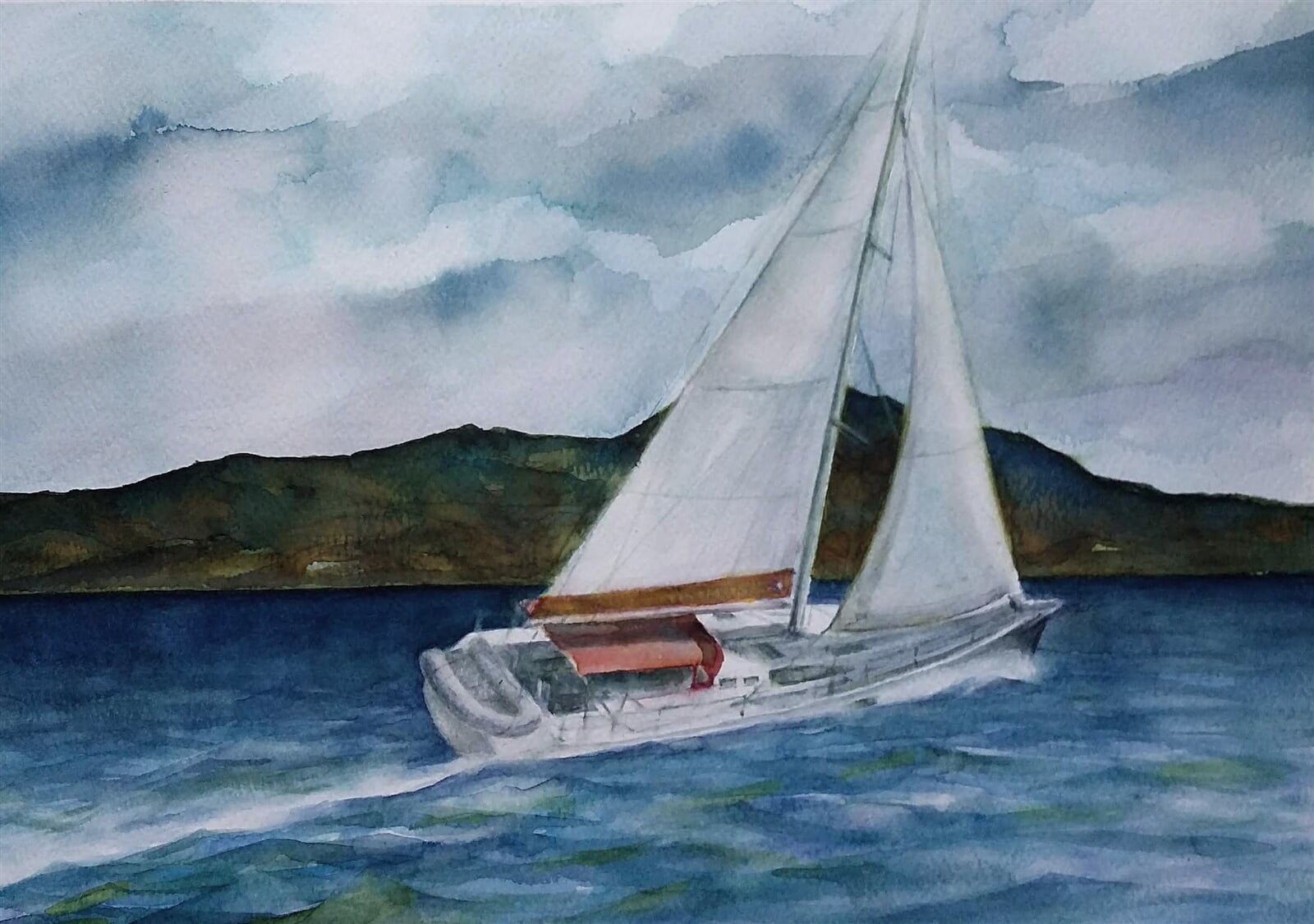 Jiří Koptík : Jachta u ostrova Svatý Vincenc, 30 × 40 cm