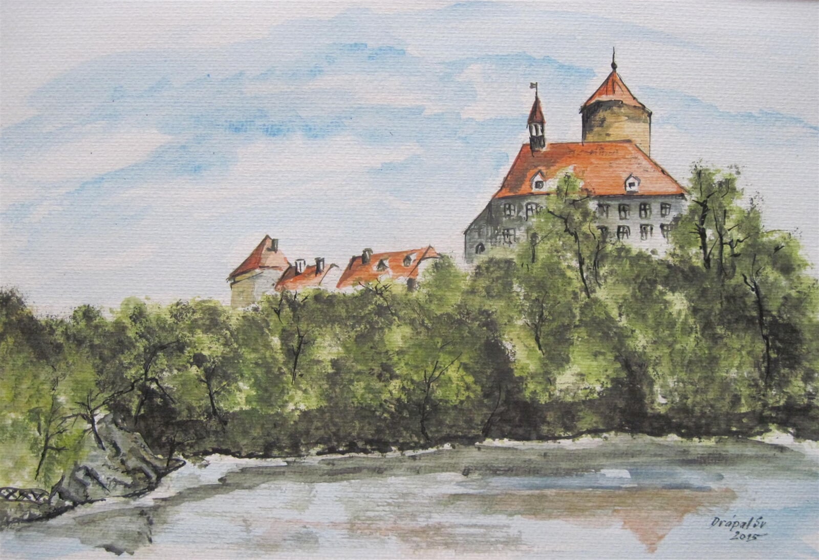 Svatopluk Drápal: Brno přehrada, hrad Veveří, 40 × 50 cm