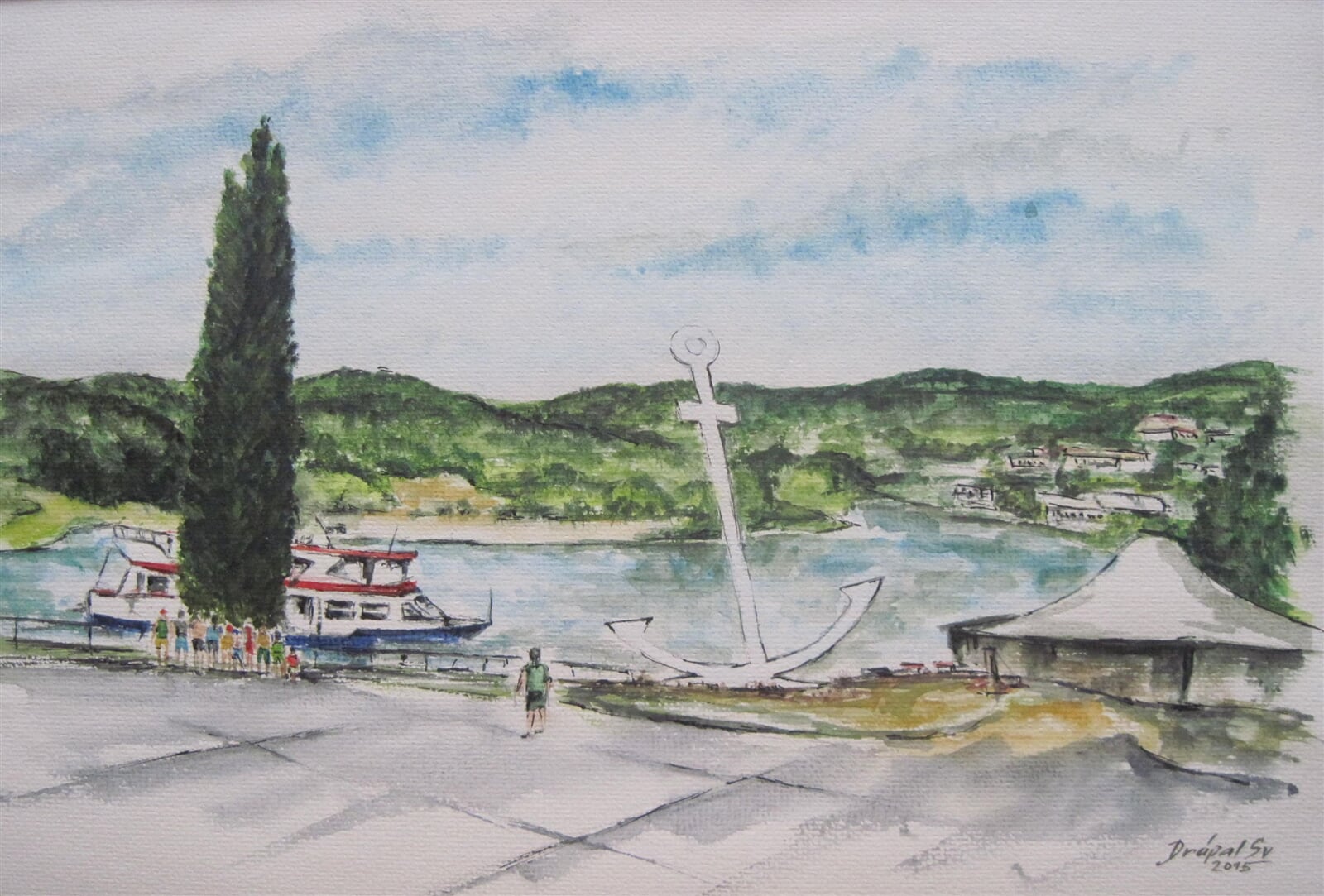 Svatopluk Drápal: Brno přehrada, přístaviště, 40 × 50 cm