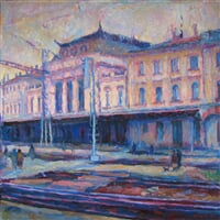 budova hlavního nádraží v brně, obraz je prodán do soukromé sbírky