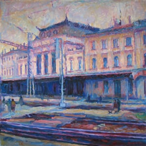 budova hlavního nádraží v brně, obraz je prodán do soukromé sbírky