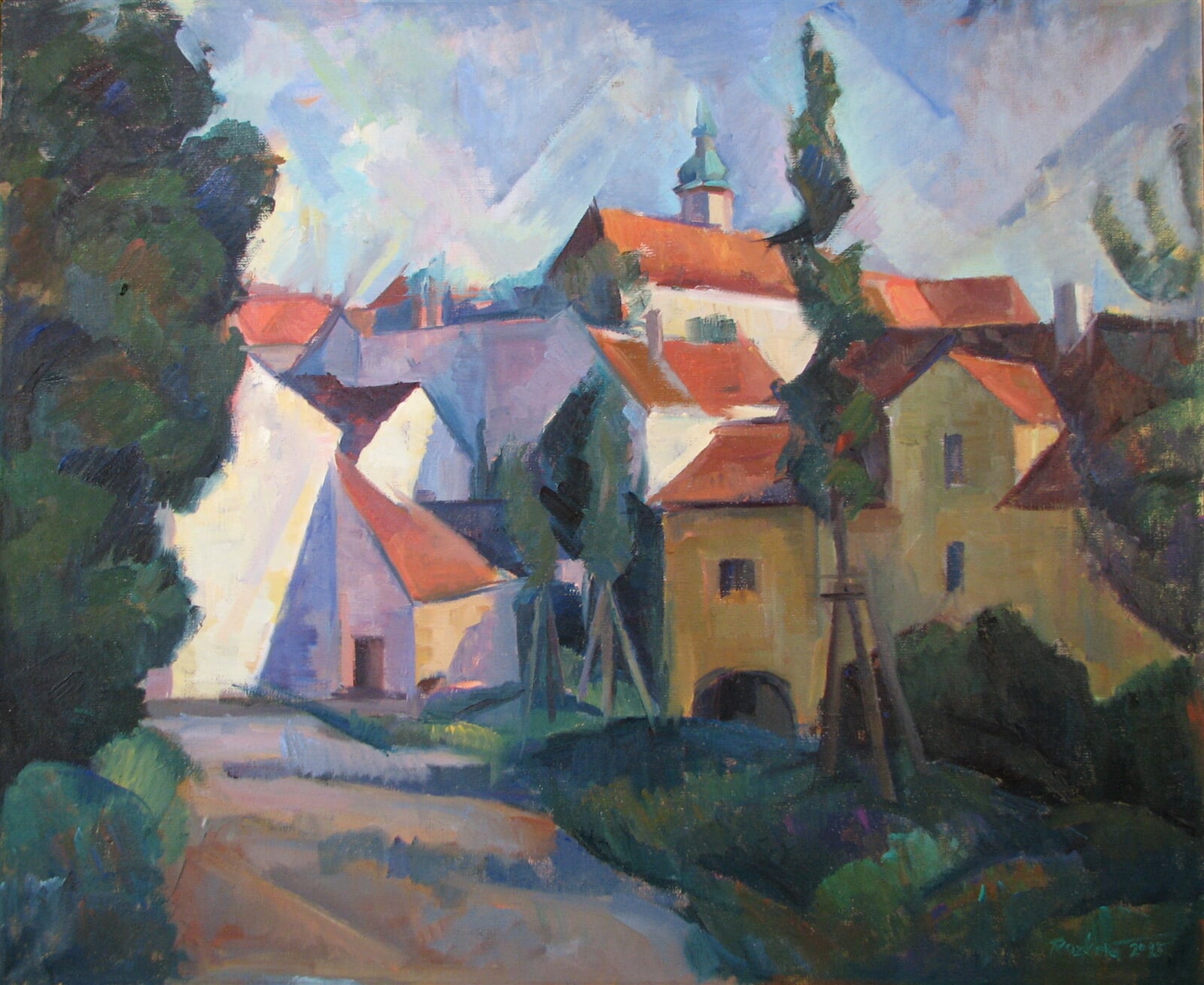 Jana Rozková: Letní den v Mikulově, pohled cestou od židovského hřbitova, 64 × 78 cm