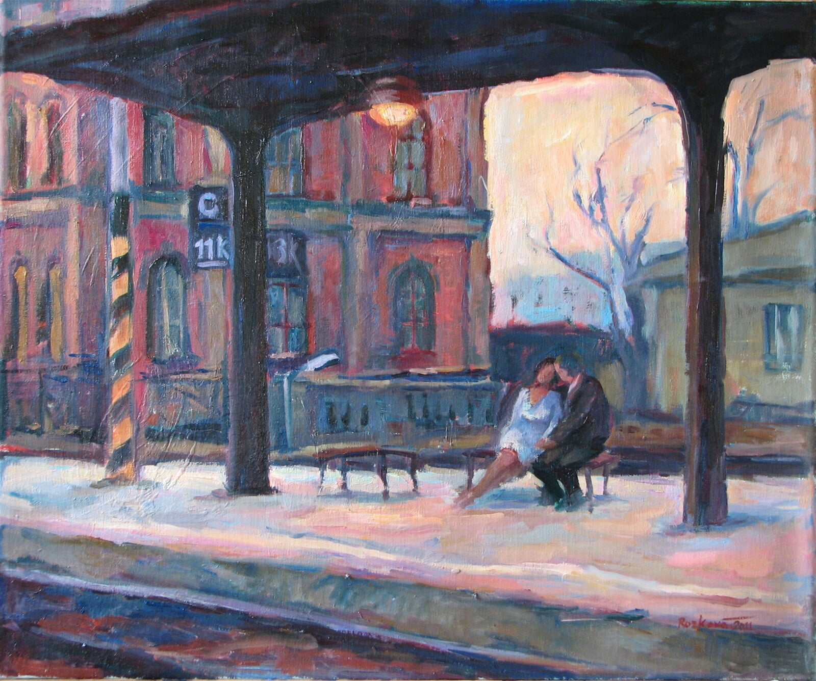 Jana Rozková: Milenci večerního nádraží, 5. kolej hl. nádraží v Brně, 50 × 60 cm