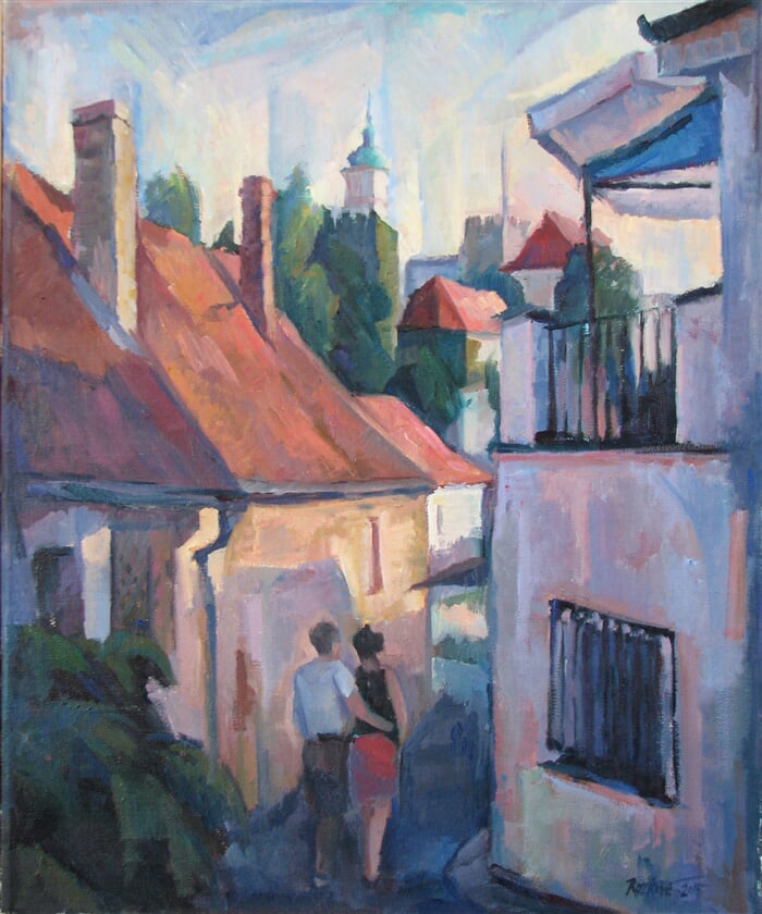 ulička ke kavárně  mikulov, 50x60, obraz je prodán do soukromé sbírky