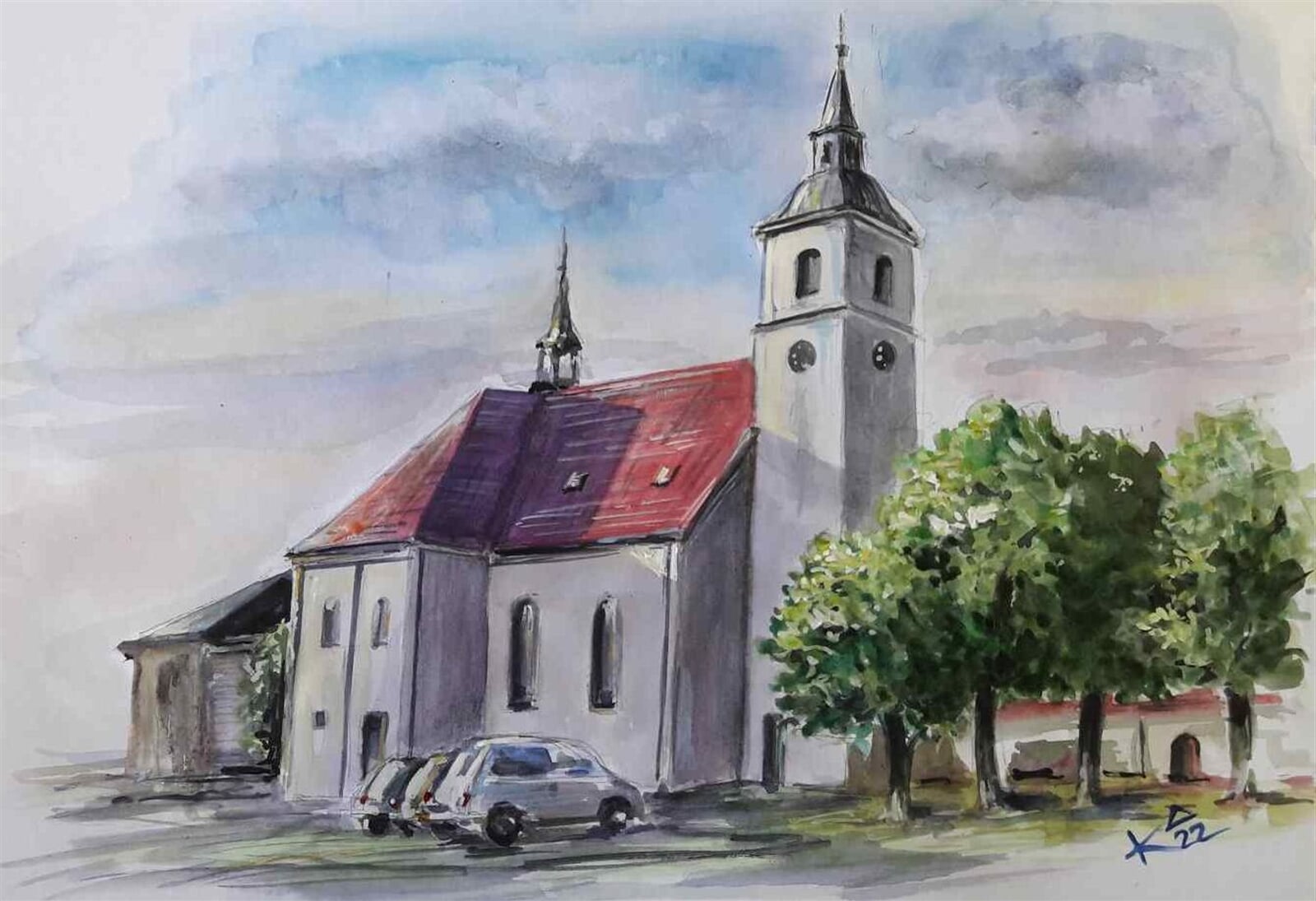 Josef Kubát: Kostel Nanebevzetí Panny Marie Nový Rychnov, 30 × 40 cm
