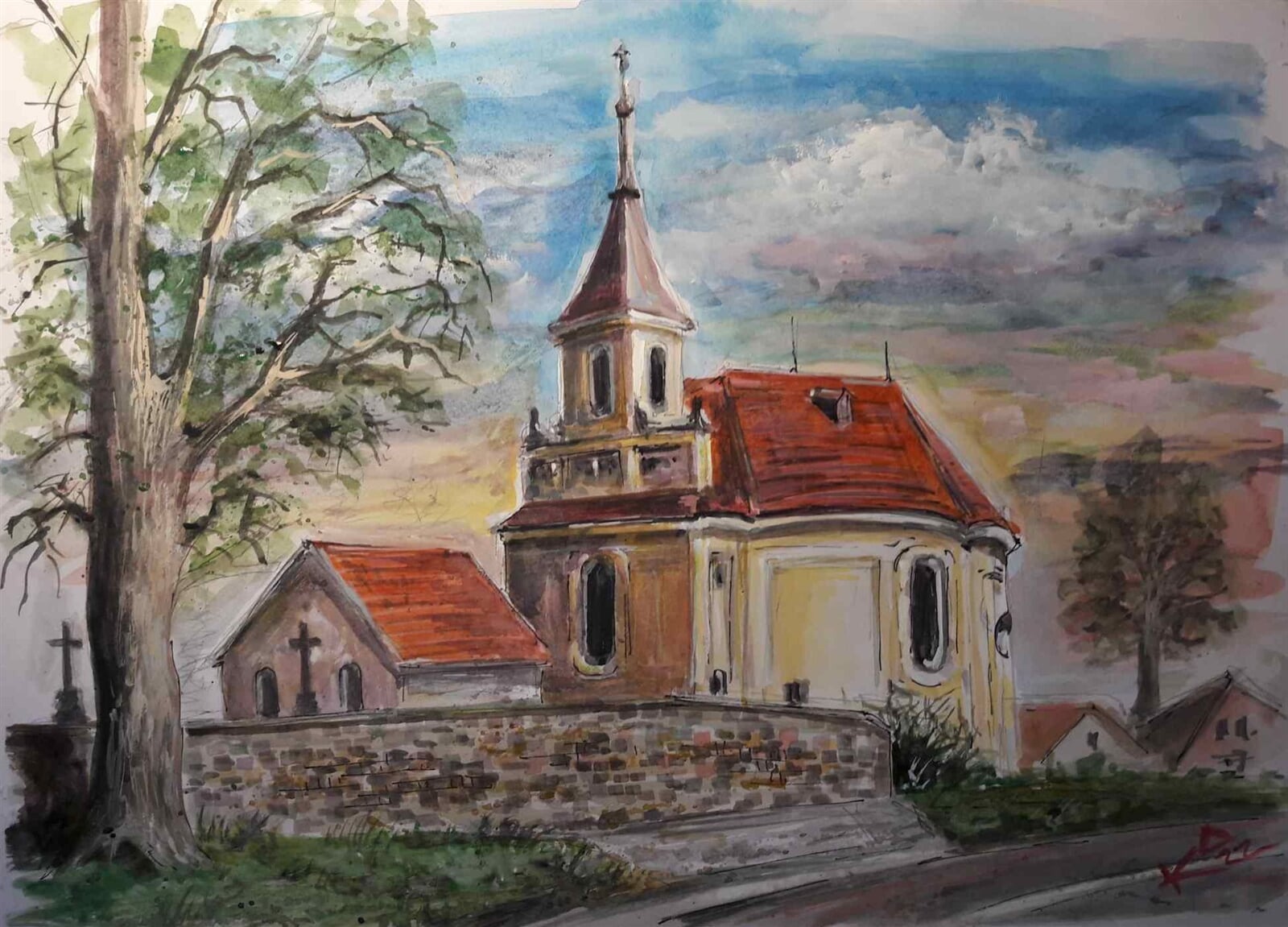 Josef Kubát: Kostel sv. Petra v okovech ve Velence, 40 × 30 cm