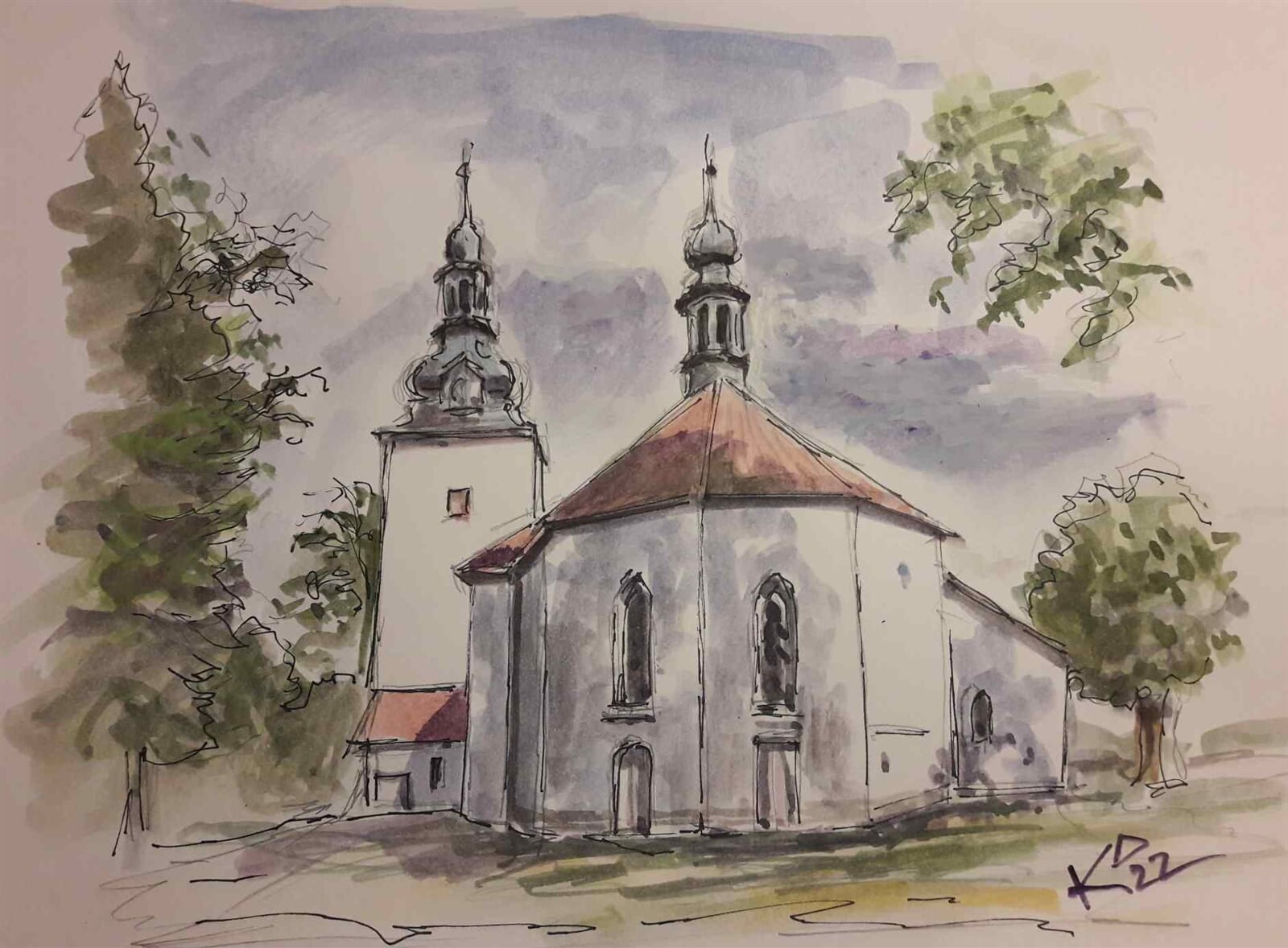 Josef Kubát: Kostel sv. Jakuba staršího ve Štokách, 30 × 40 cm