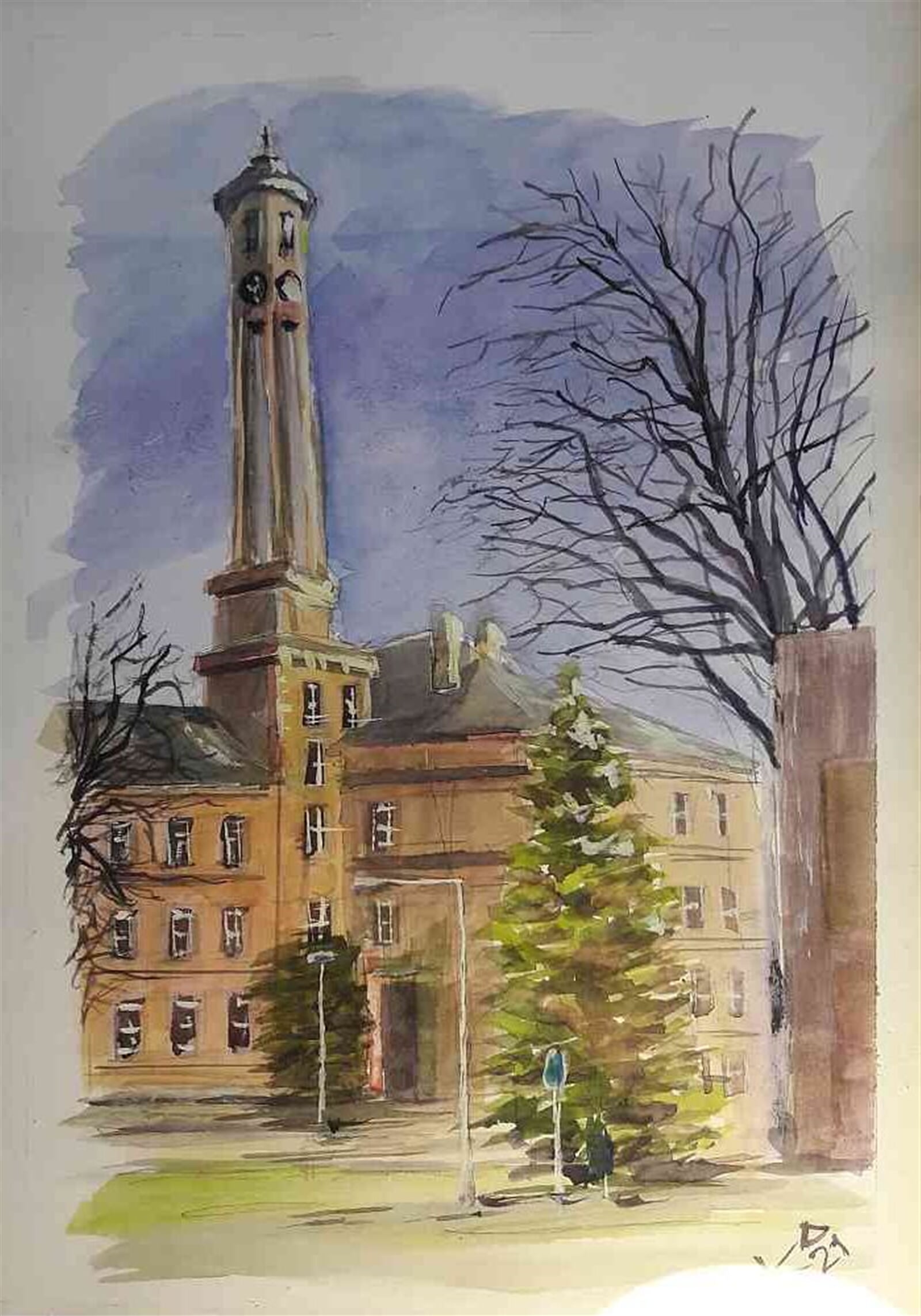 Josef Kubát: Budova školy v Kolíně, 30 × 20 cm