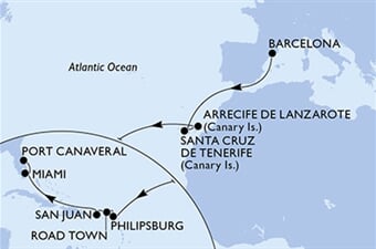 MSC Seashore - Španělsko, Nizozemské Antily, Panenské o. (britské), Portoriko, USA (z Barcelony)