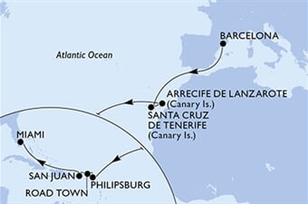 MSC Seashore - Španělsko, Nizozemské Antily, Panenské o. (britské), Portoriko, USA (z Barcelony)