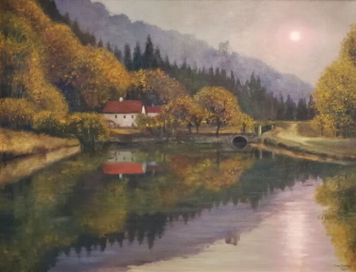 Východ slunce v Pilském údolí, 80 x 60 cm, olej na plátně, prodáno Luděk Řehoř