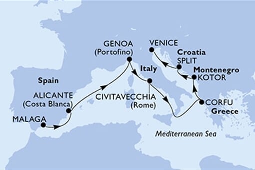 MSC Lirica - Španělsko, Itálie, Řecko, Chorvatsko (z Malagy)