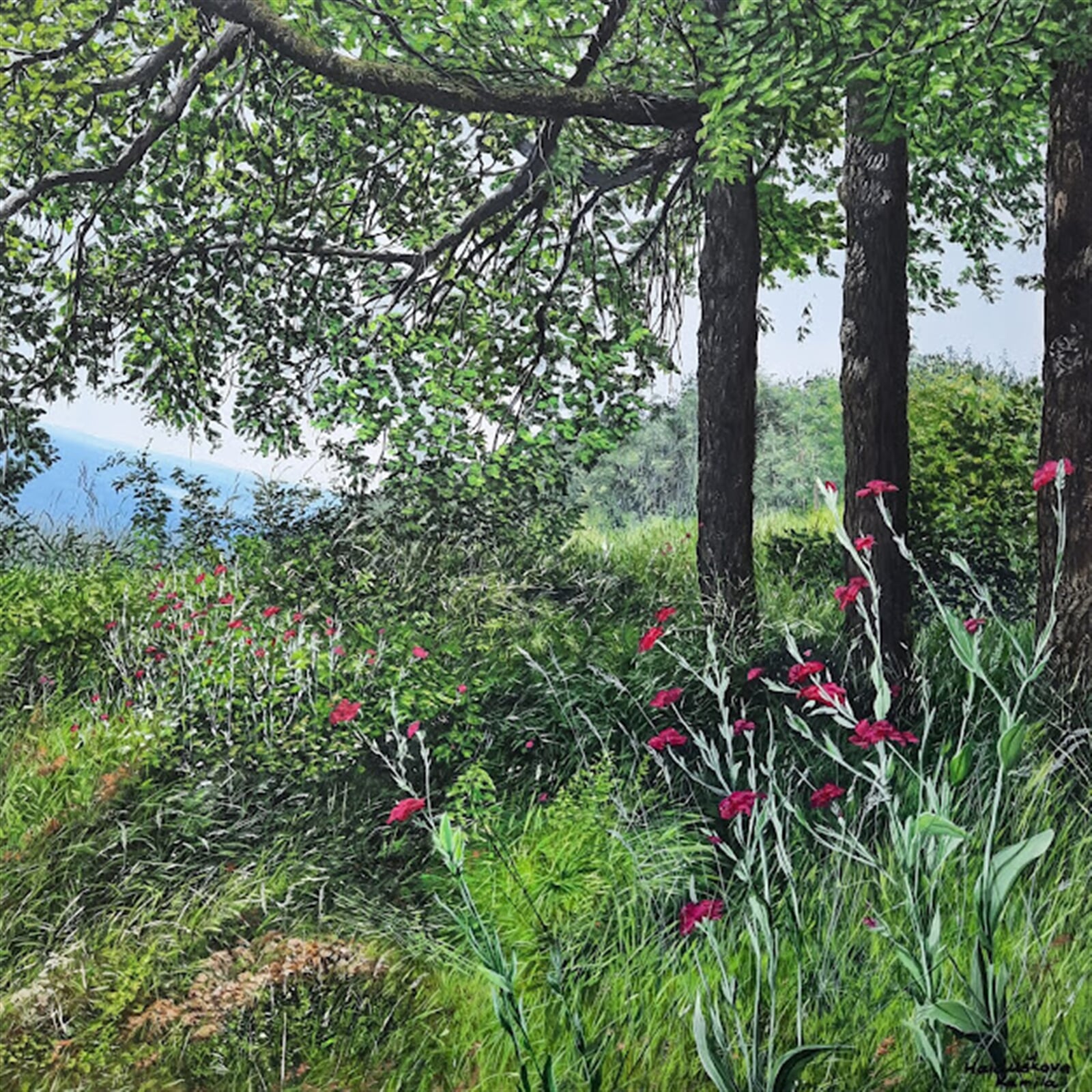 Kamila Hajdušková: Podyjí, zátiší s Kohoutkem věncovým, 40 × 40 cm