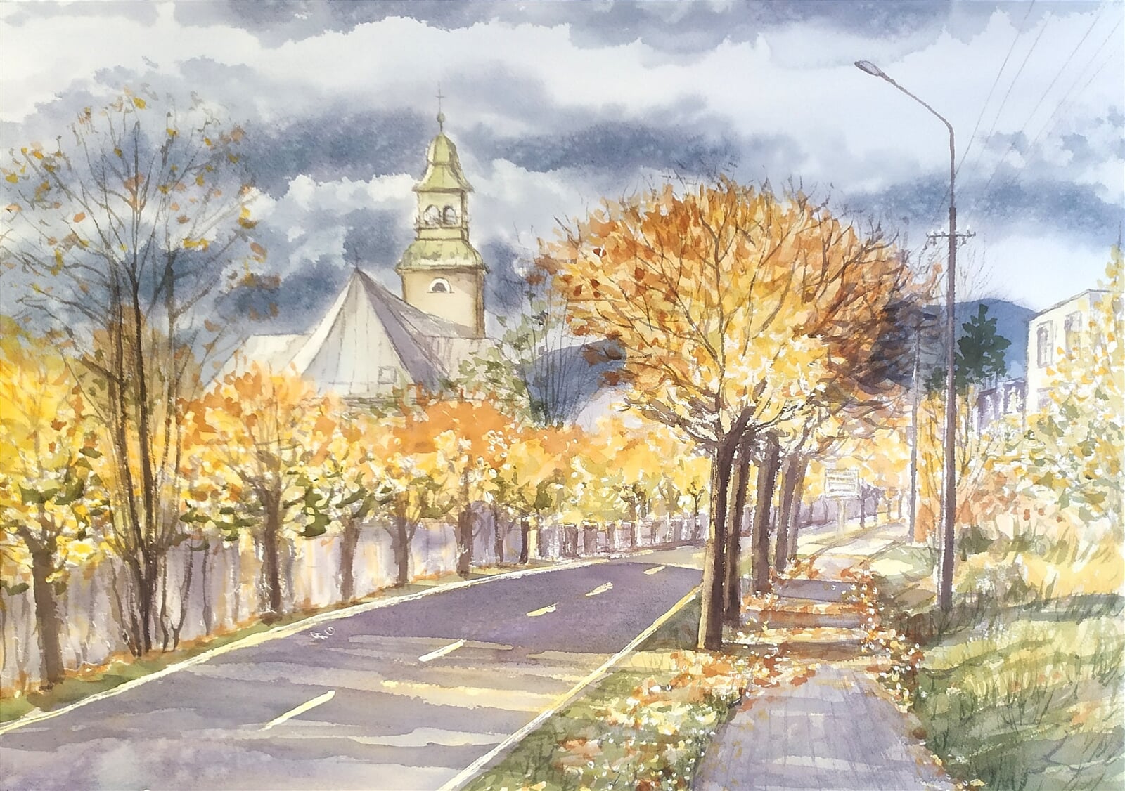 Blažena Niemcová: Bystřice, evangelický kostel, 50 × 70 cm
