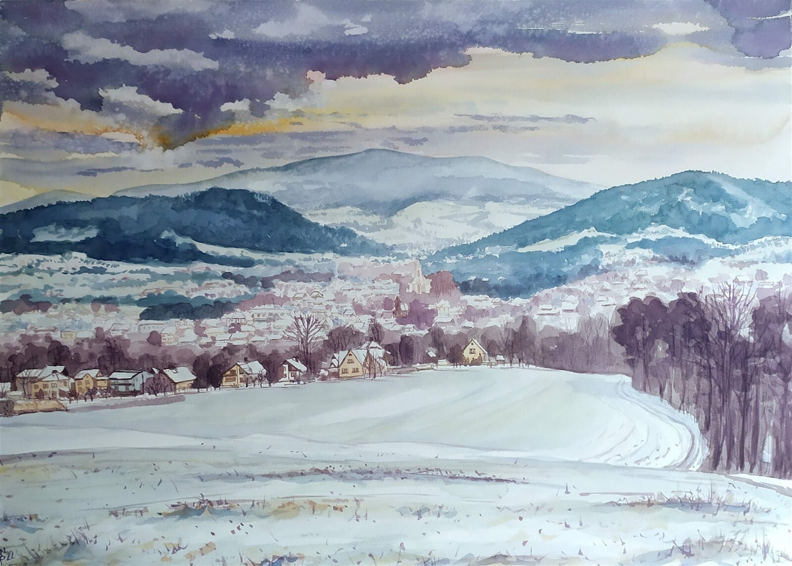 Blažena Niemcová : Pohled na Bystřici nad Olší, 50 × 70 cm
