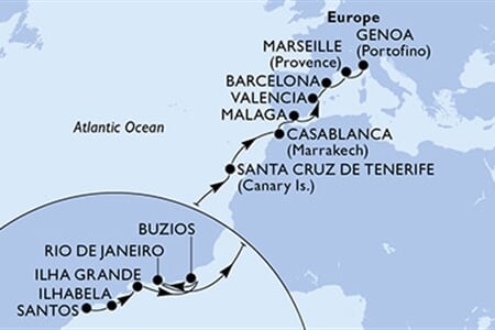 MSC Grandiosa - Brazílie, Španělsko, Maroko, Francie, Itálie (Santos)