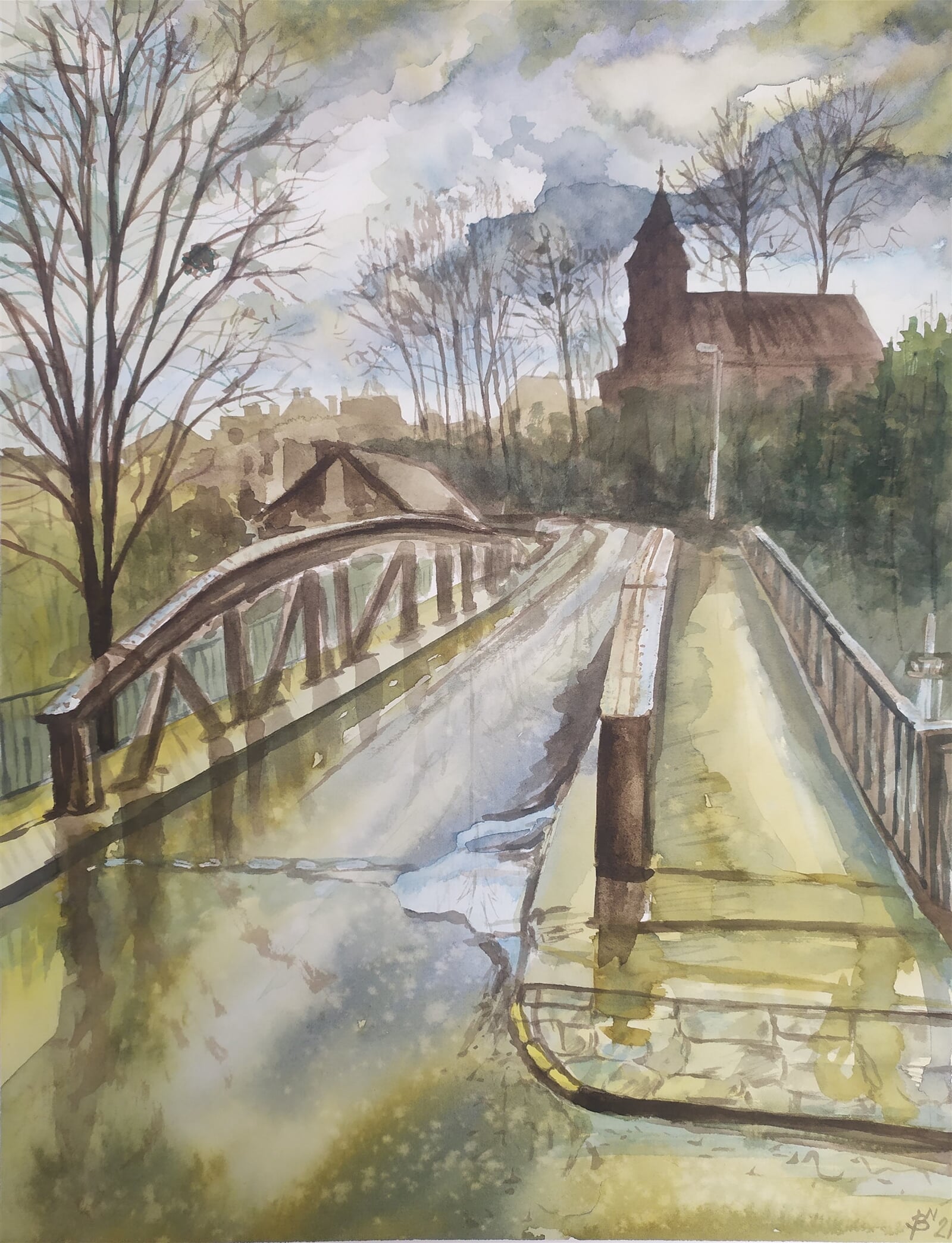 Blažena Niemcová : Bystřice, katolický kostel po dešti, 50 × 40 cm