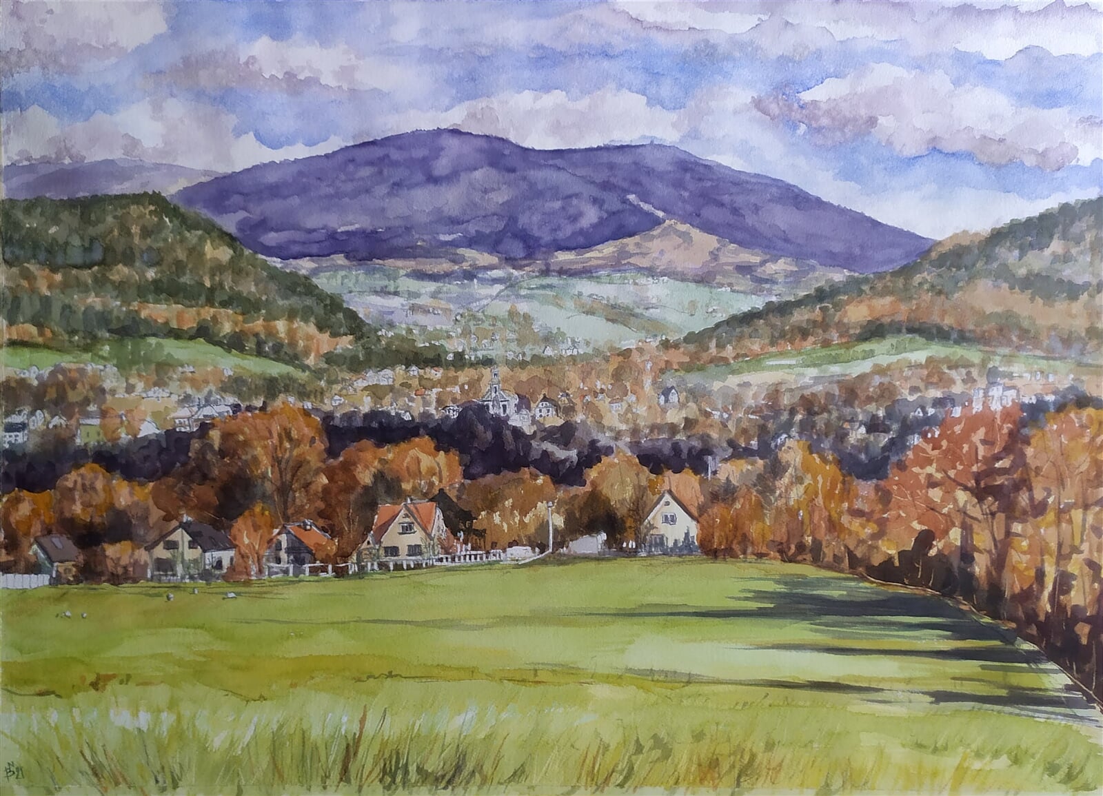 Blažena Niemcová : Pohled na Bystřici nad Olší, podzim, 50 × 70 cm