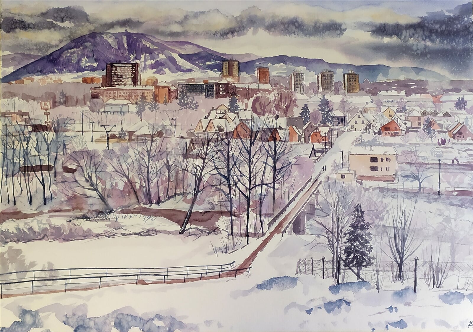 Blažena Niemcová : Třinec, pohled ze Sosny v zimě, 50 × 70 cm