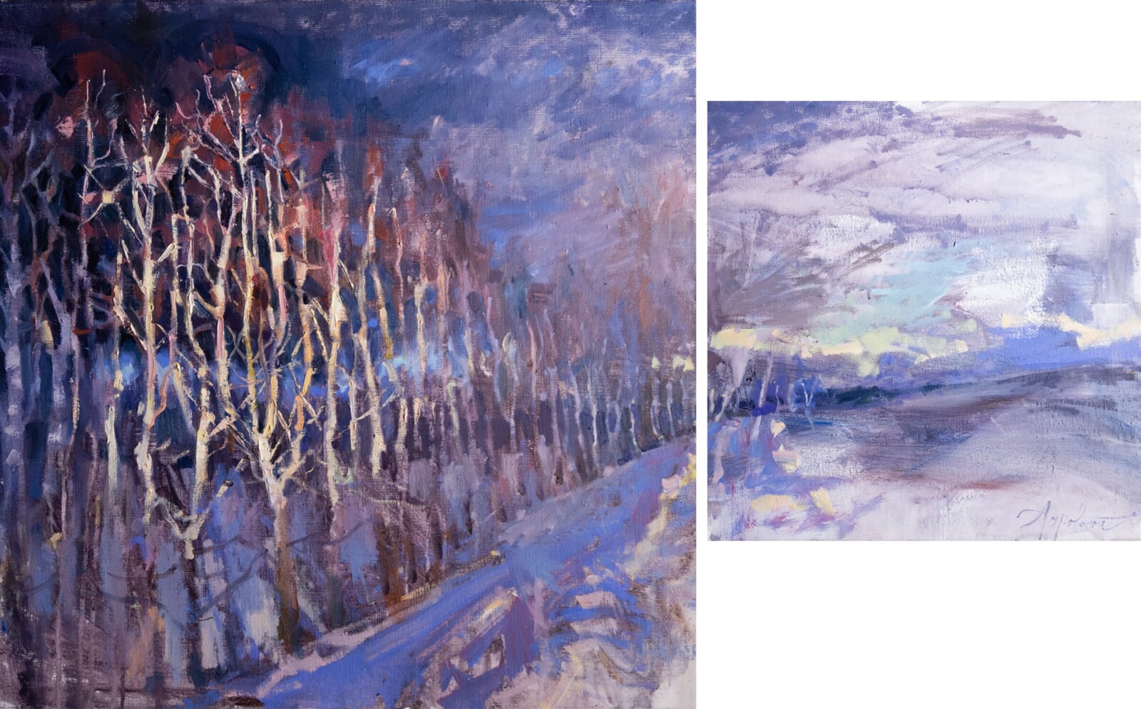 Adéla Topolová: Břízy v bouřkovém světle, 70 × 70 cm + 45 × 45 cm