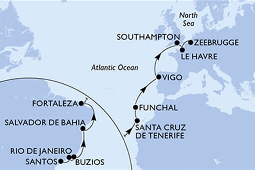 MSC Preziosa - Brazílie, Španělsko, Portugalsko, Velká Británie, Francie, ... (Santos)
