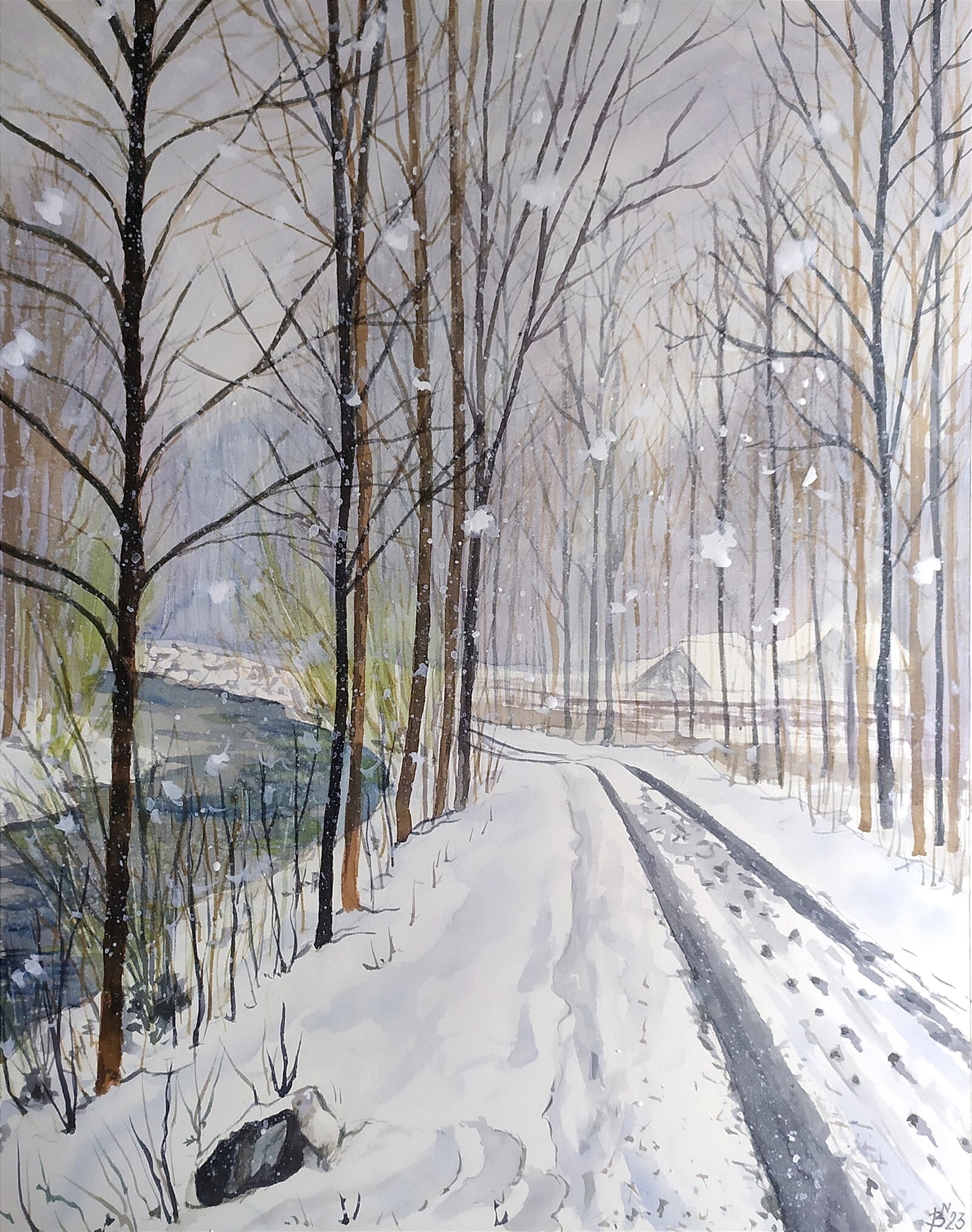 Blažena Niemcová : Když se procházíš kolem řeky a sněží, 50 × 40 cm