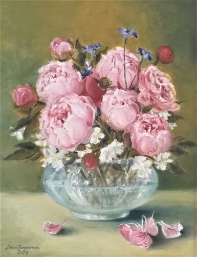 Pivoňky, olej na plátně, 45x55 cm