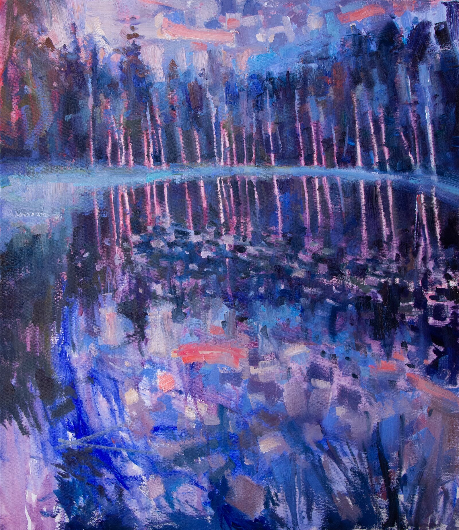 Adéla Topolová: Bílé břízy v černém jezeře, 75 × 65 cm
