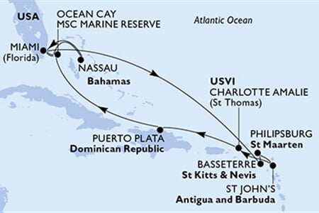 MSC Divina - USA, Sv.Kryštof a Nevis, Nizozemské Antily, Antigua a Barbuda, Panenské o. (americké), ... (z Miami)