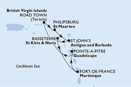 MSC Virtuosa - Martinik, Guadeloupe, Panenské o. (britské), Nizozemské Antily, Antigua a Barbuda, ... (Fort-de-France)