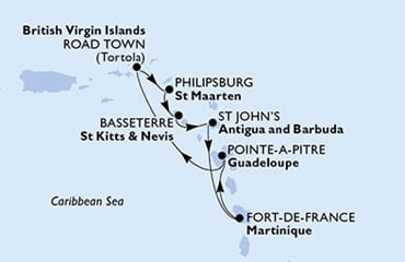 MSC Virtuosa - Guadeloupe, Panenské o. (britské), Nizozemské Antily, Sv.Kryštof a Nevis, Antigua a Barbuda, ... (Pointe-a-Pitre)