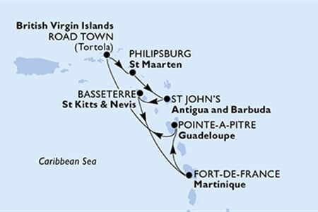 MSC Virtuosa - Guadeloupe, Panenské o. (britské), Nizozemské Antily, Antigua a Barbuda, Sv.Kryštof a Nevis, ... (Pointe-a-Pitre)