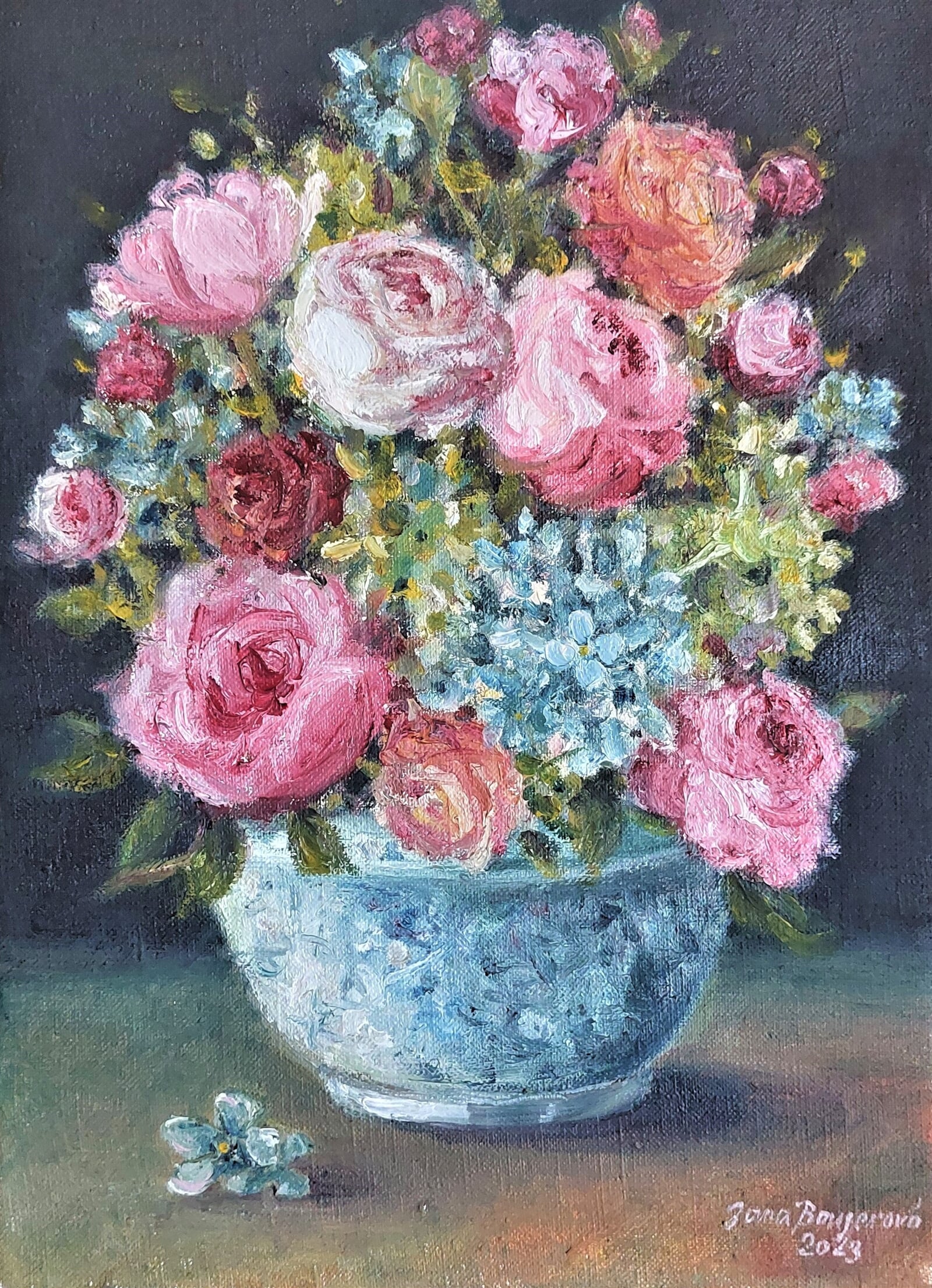 Jana Bayerová: Kytice s hortenziemi a pivoňkami, 35 × 25 cm