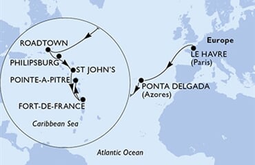 MSC Virtuosa - Francie, Portugalsko, Panenské o. (britské), Nizozemské Antily, Antigua a Barbuda, ... (Le Havre)