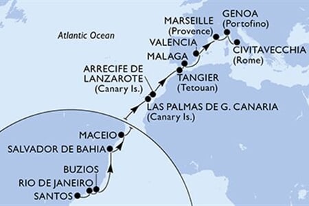 MSC Grandiosa - Brazílie, Španělsko, Maroko, Francie, Itálie (Santos)