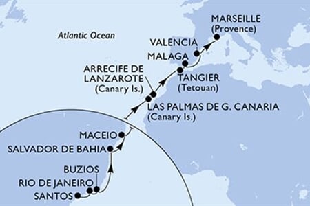 MSC Grandiosa - Brazílie, Španělsko, Maroko, Francie (Santos)