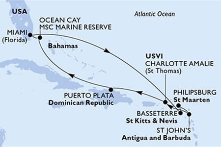 MSC DIVINA - USA, Sv.Kryštof a Nevis, Nizozemské Antily, Antigua a Barbuda, Panenské o. (americké), ... (z Miami)