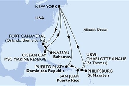 MSC MERAVIGLIA - USA, Dominikán.rep., Portoriko, Panenské o. (americké), Nizozemské Antily, ... (z New Yorku)