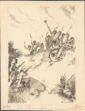 Celostránková ilustrační kresba ze souboru ilustrací ke knize D. Defoe Robinson Crusoe (str. 209)