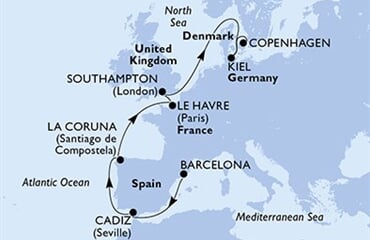 MSC Euribia - Španělsko, Francie, Velká Británie, Německo, Dánsko (z Barcelony)