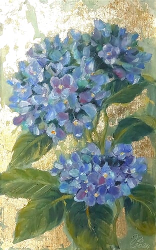 Hortenzie olej na sololit. desce.35x25 cm