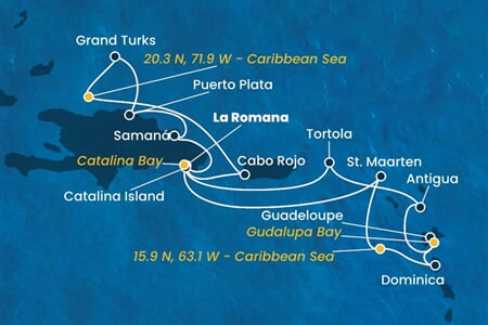 Costa Fascinosa - Dominikán.rep., Turks a Caicos, Nizozemské Antily, Dominika, Panenské o. (britské) (z La Romana)