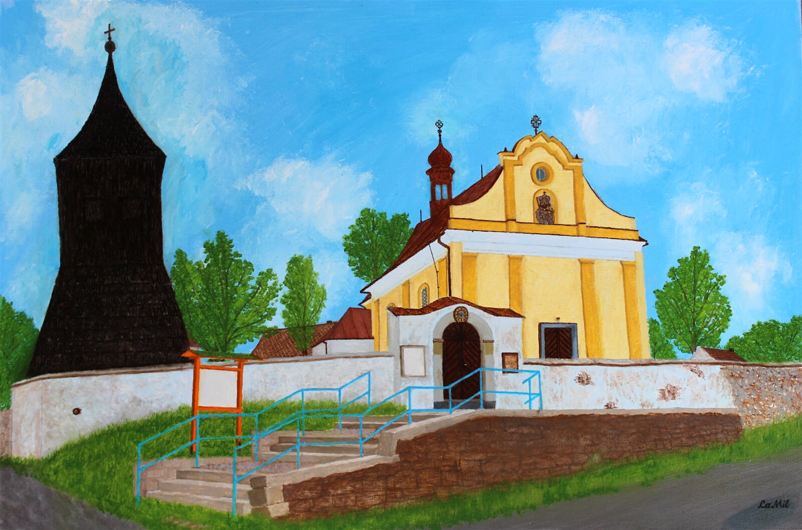 Milan Laštovička: Kostel sv. Václava , Horní Studenec a dřevěná zvonice, 40 × 60 cm