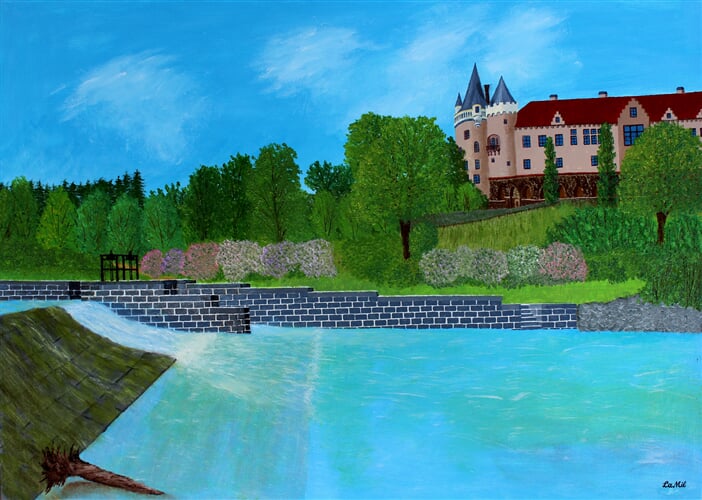 Řeka Doubrava jez a zámek Žleby