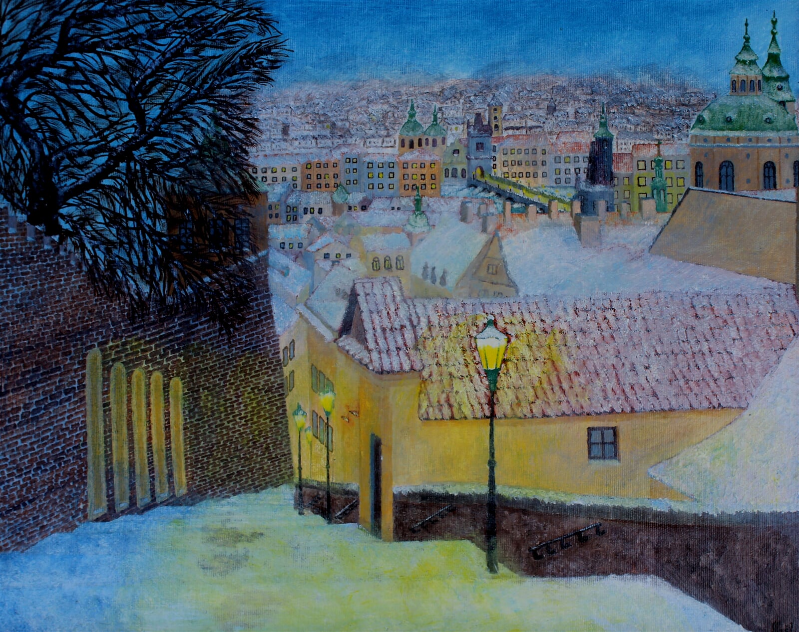 Milan Laštovička: Zasněžené Zámecké schody, 40 × 50 cm